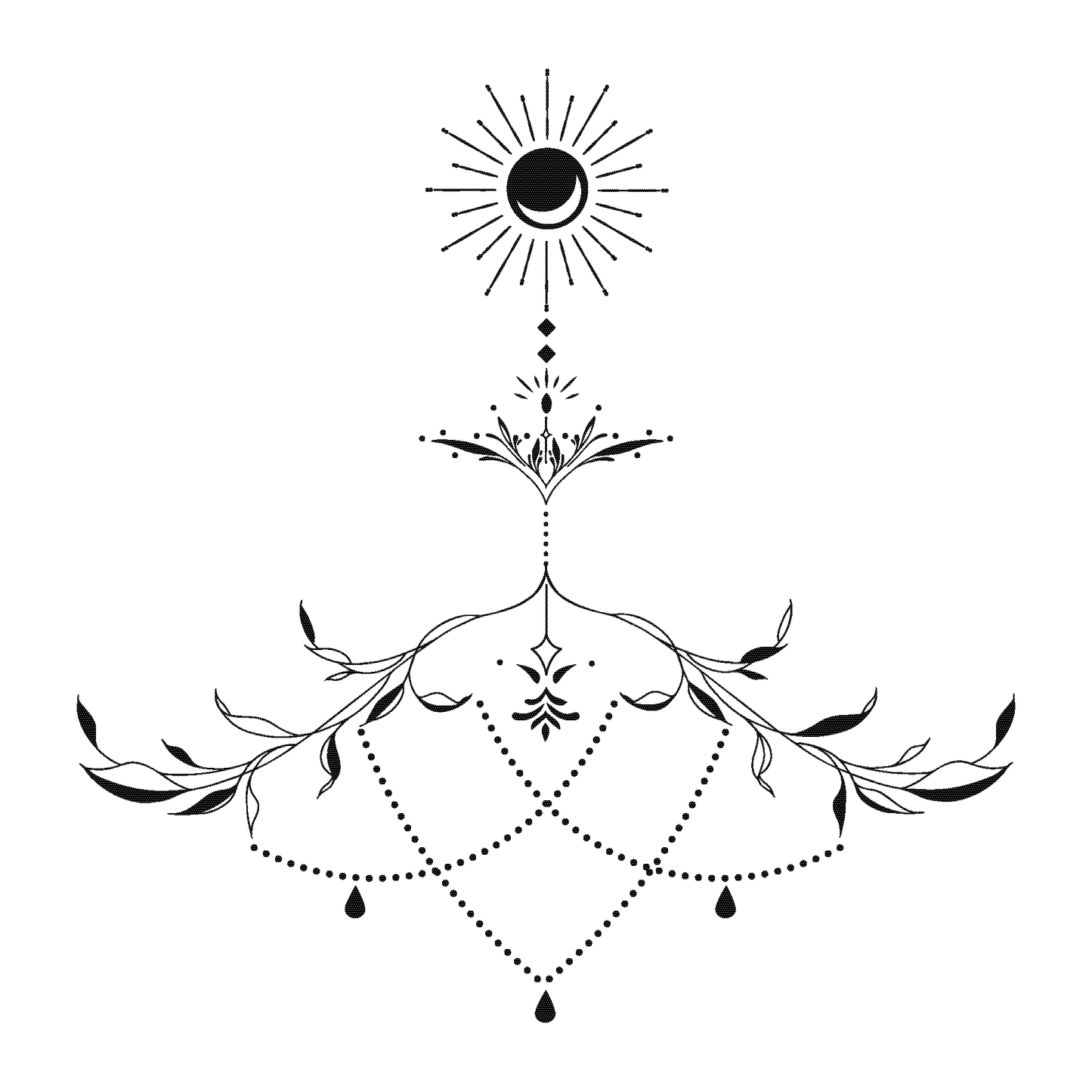 SteezyInk Sunlit Vine Temporary Tattoo. Celestial black and white design with sun, moon, vines, and floral elements.
