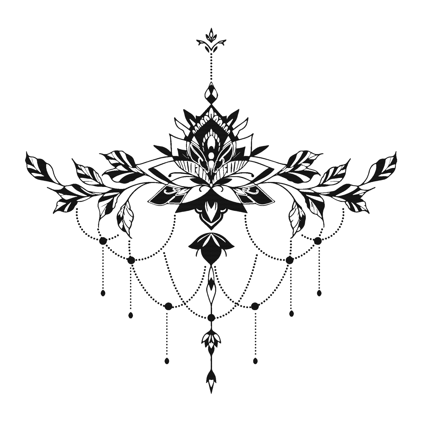 Lotus Chandelier Temporary Tattoo for Women - chest piece design, black ink tattoo, SteezyInk