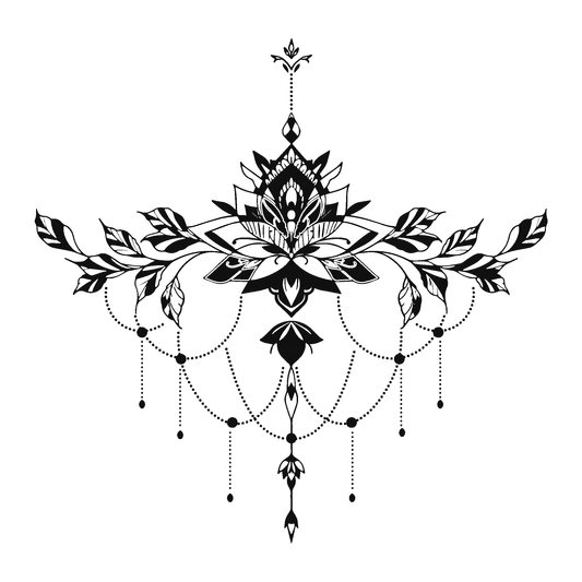 Lotus Chandelier Temporary Tattoo for Women - chest piece design, black ink tattoo, SteezyInk