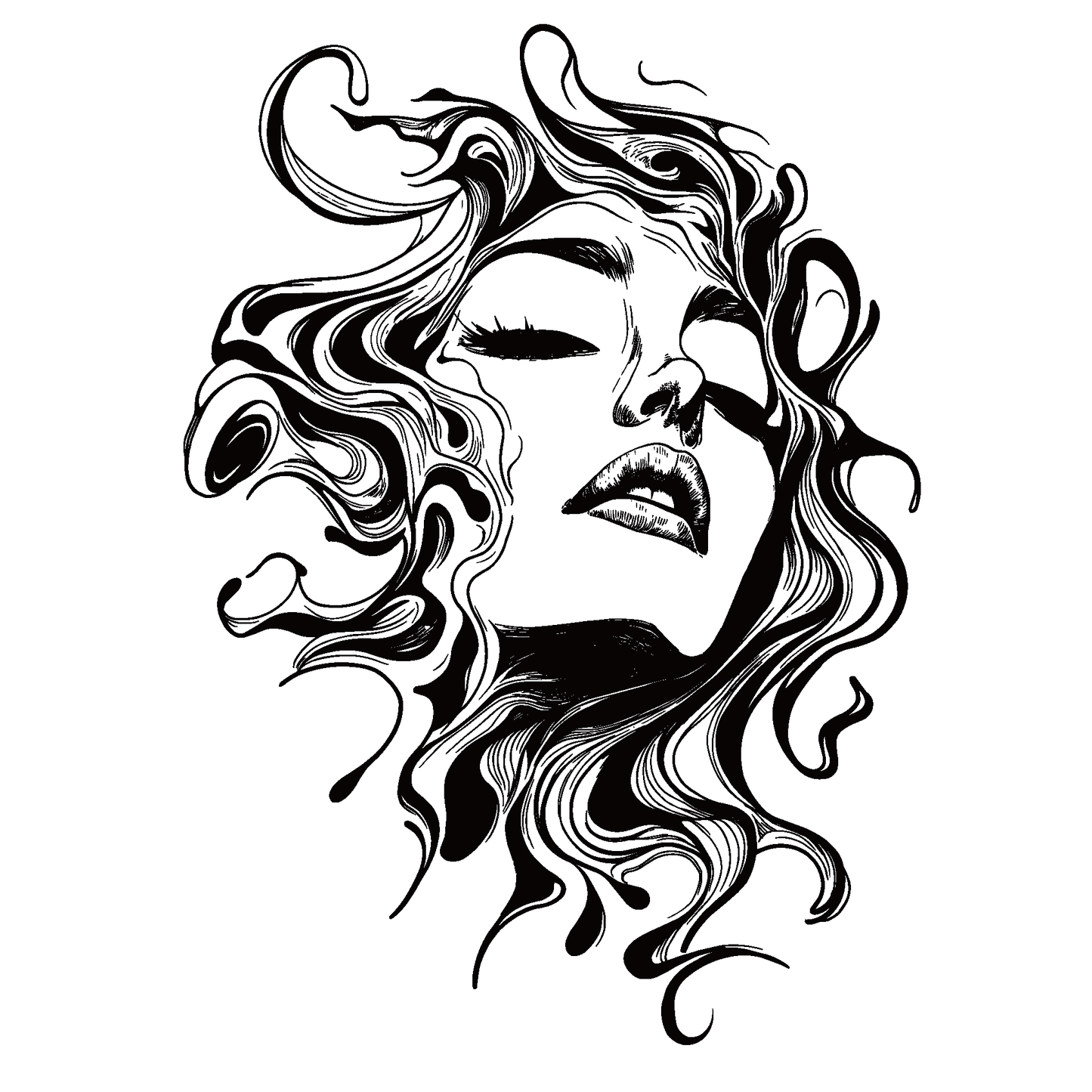 SteezyInk Abstract Muse Temporary Tattoo: Woman's face with flowing hair, abstract patterns, feminine strength.
