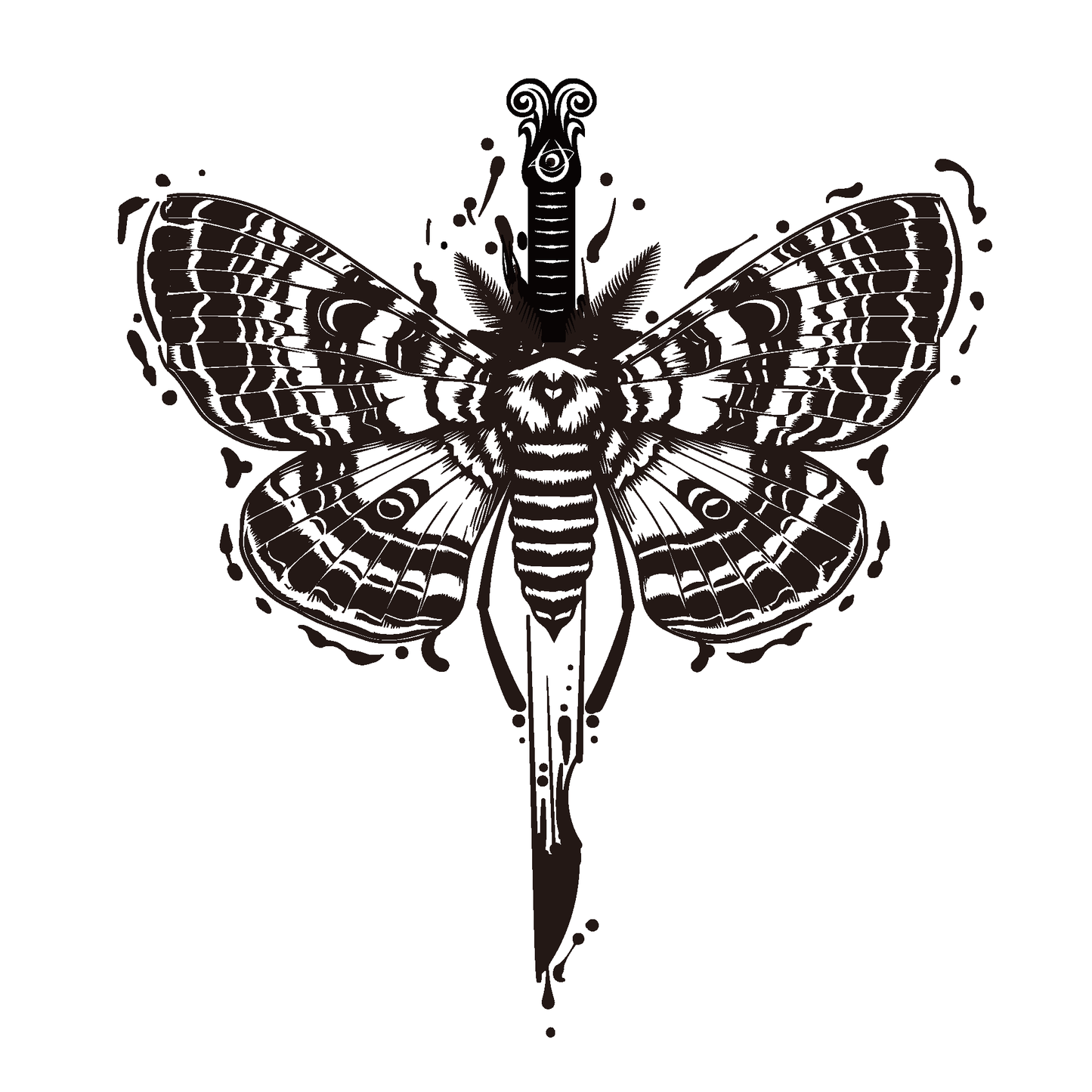 SteezyInk Moth Dagger Tattoo. Black moth and dagger design, embodying transformation and strength.