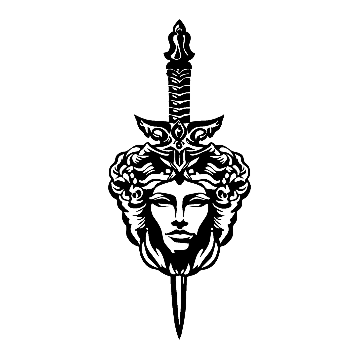 Warrior face with sword temporary tattoo design in black and white, SteezyInk