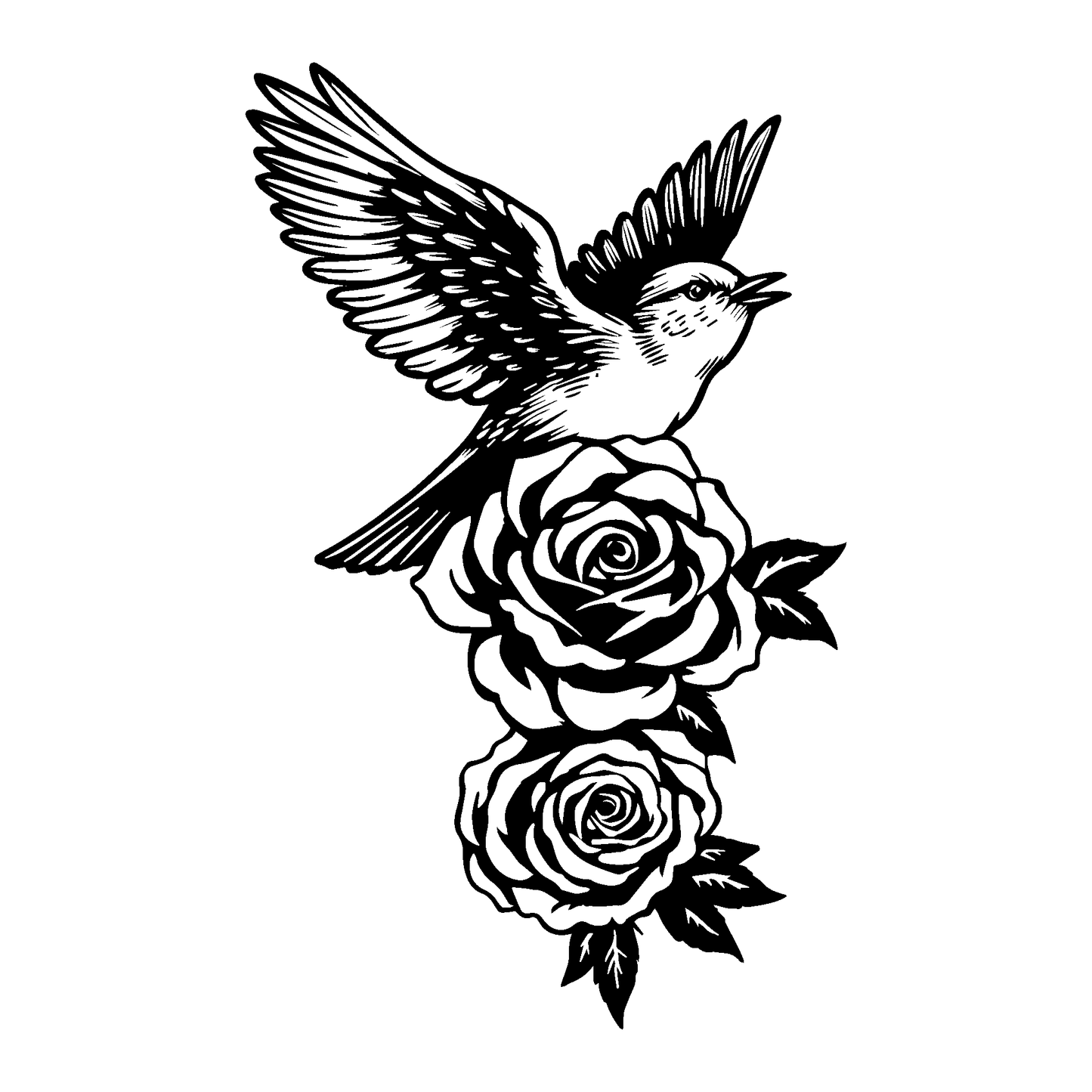 SteezyInk Soaring Grace temporary tattoo design, bird above roses, black and white, symbolizing freedom, love and nature.