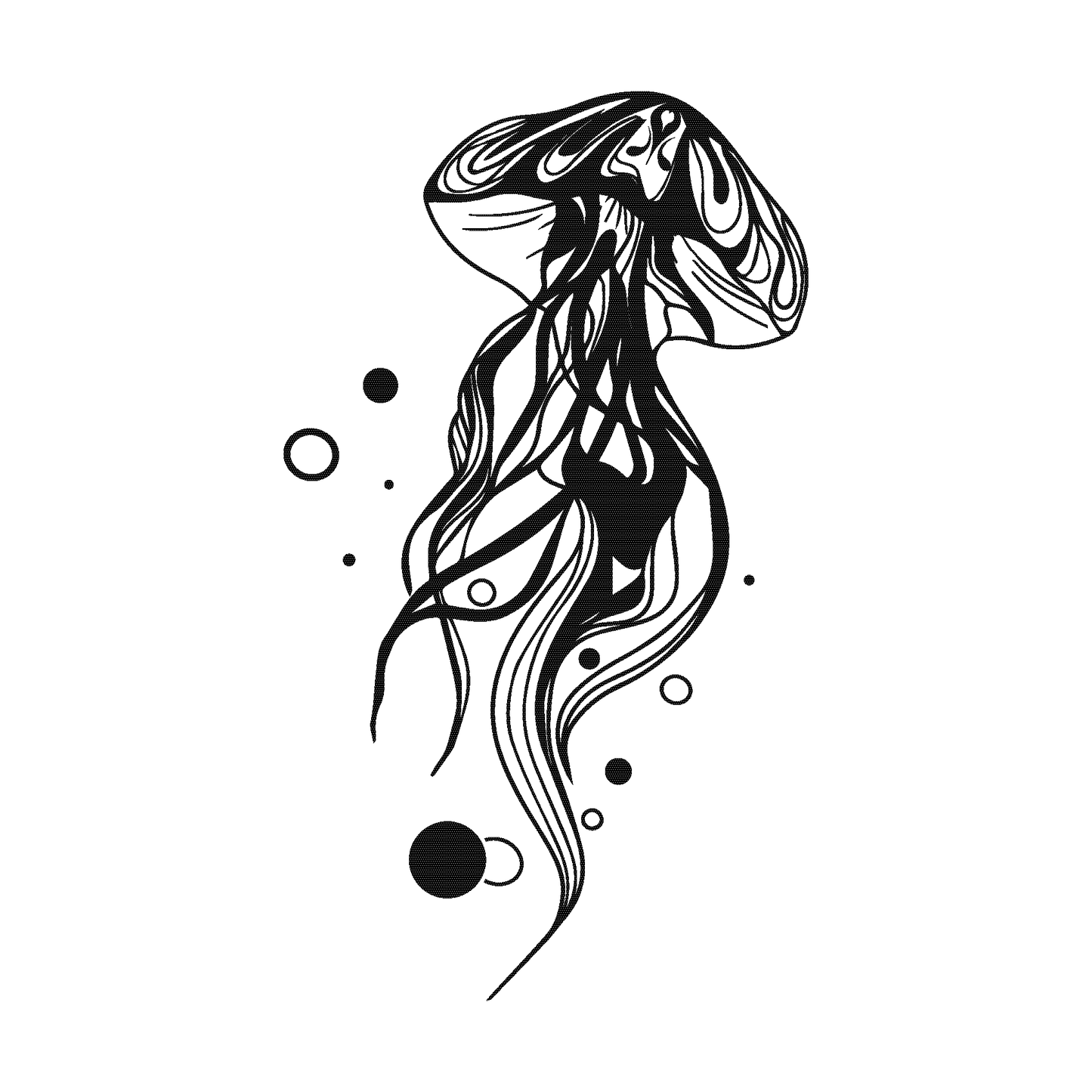 SteezyInk Ethereal Jellyfish temporary tattoo design. Black and white abstract jellyfish art, perfect for temporary body art.