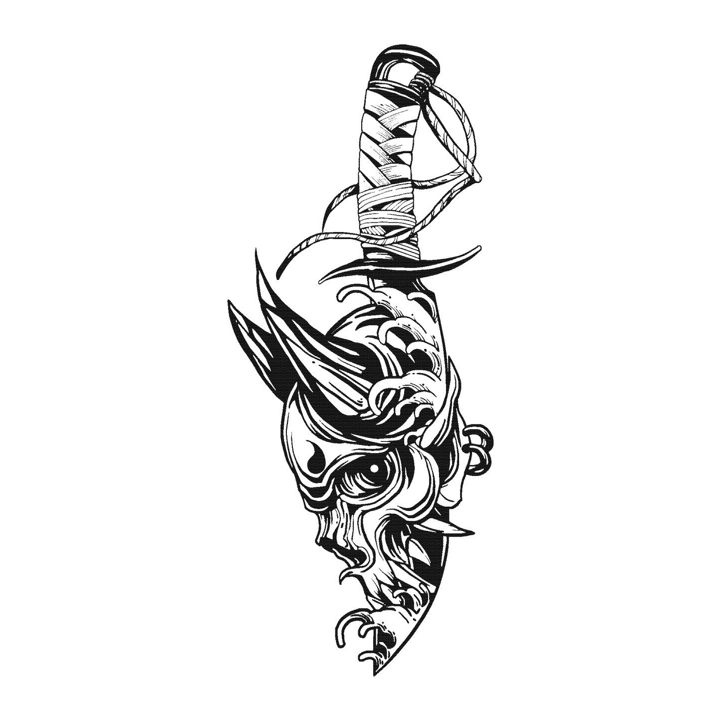 SteezyInk Blade of Chaos temporary tattoo design: Dagger and Demonic Skull, black and white.
