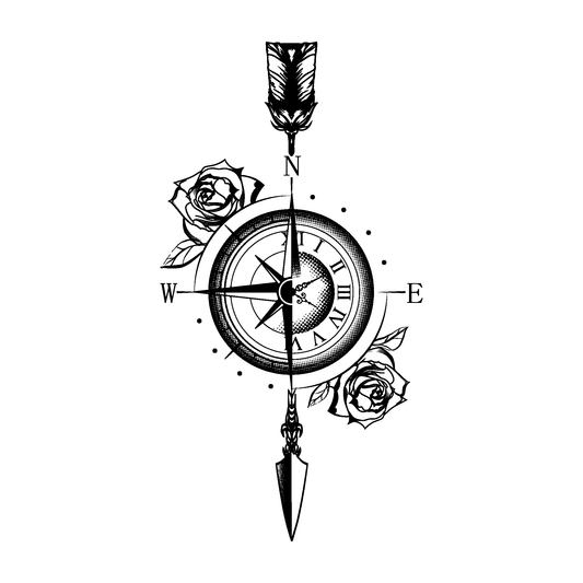 SteezyInk True North Compass Temporary Tattoo with roses, navigation and romance design