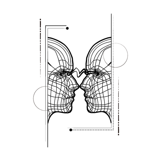 SteezyInk Mirror of the Mind temporary tattoo. Abstract design featuring two symmetrical faces with wireframe structure.