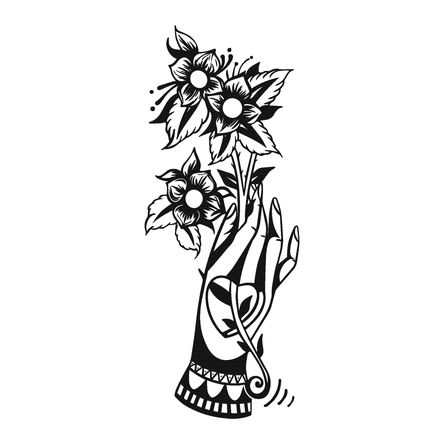 Floral temporary tattoo design featuring a hand holding flowers. Black and white art for expressing creativity and growth.