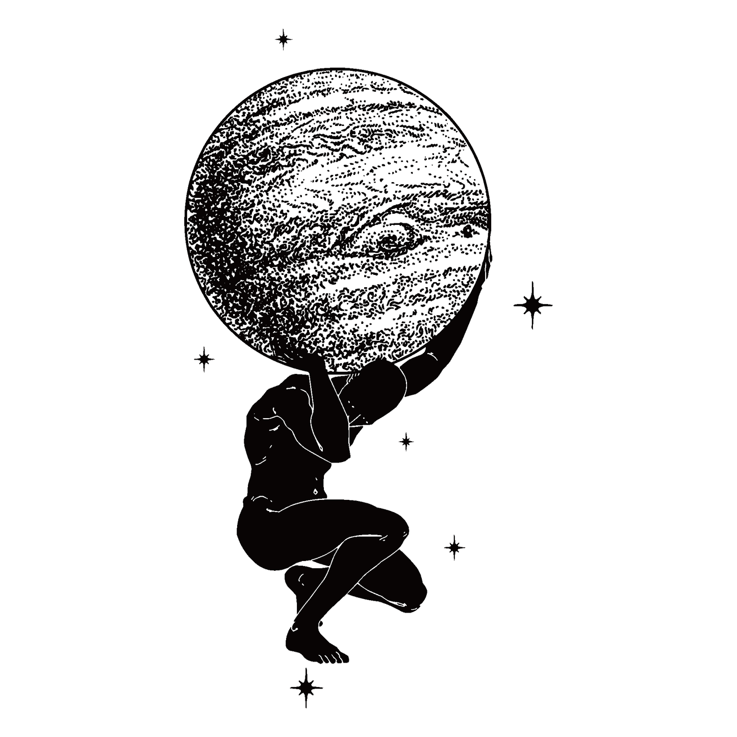 SteezyInk Cosmic Atlas Temporary Tattoo featuring a figure holding a textured celestial sphere with twinkling stars.