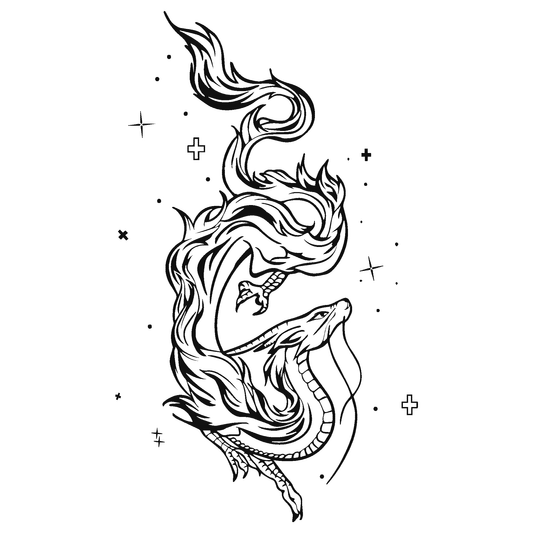 Ethereal Dragon Dance temporary tattoo design in black and white, ideal for fantasy lovers.
