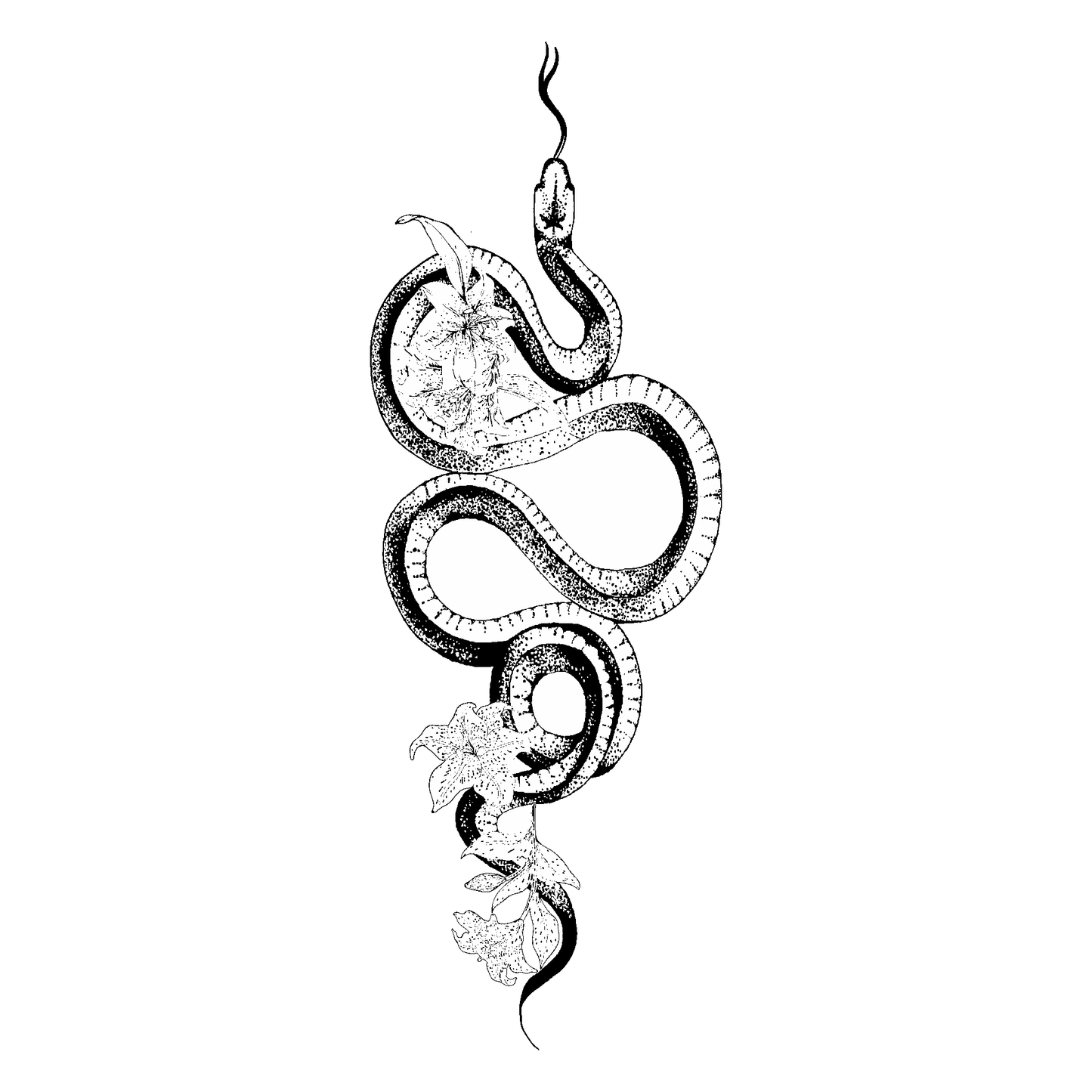 Serpent and Bloom temporary tattoo design, a snake coiled with blooming flowers, black and white.