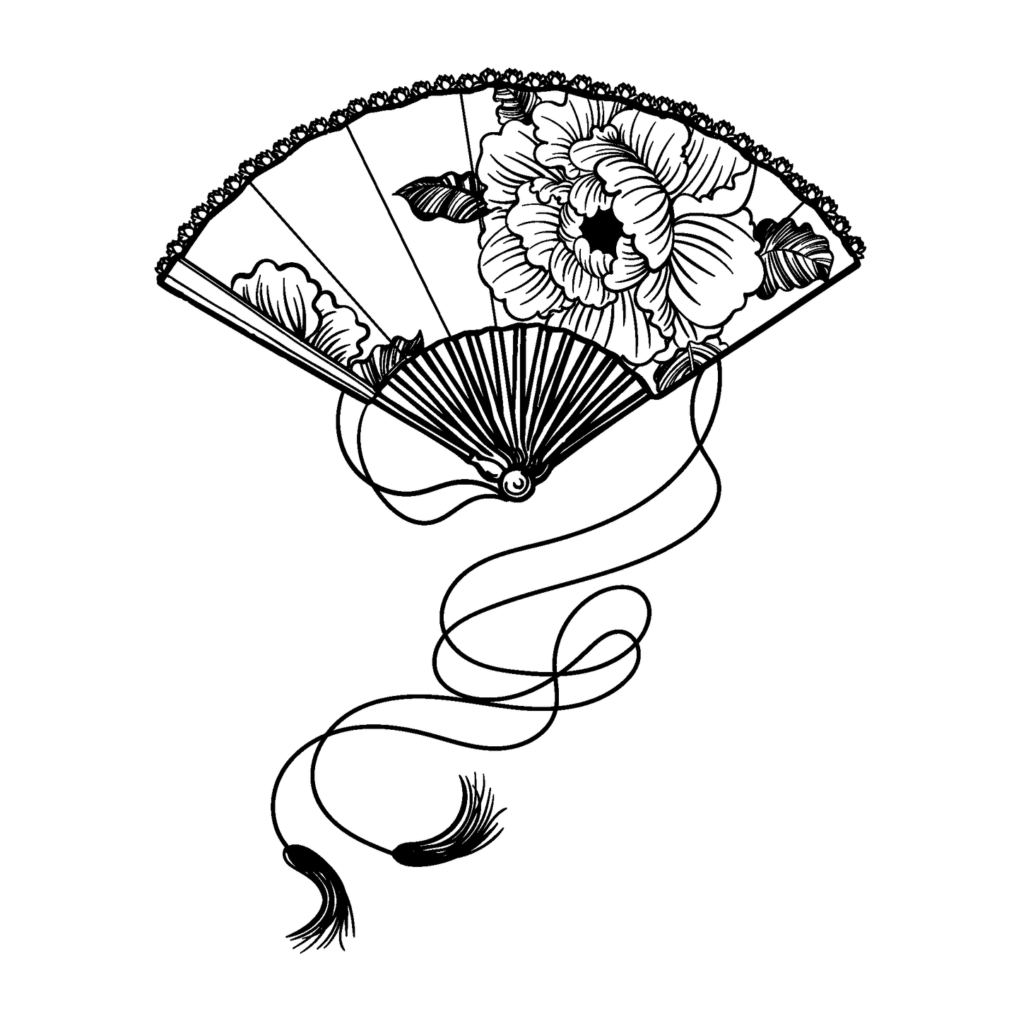 SteezyInk Blooming Elegance Fan Temporary Tattoo, black peony flowers and tassel design, embodying traditional elegance.