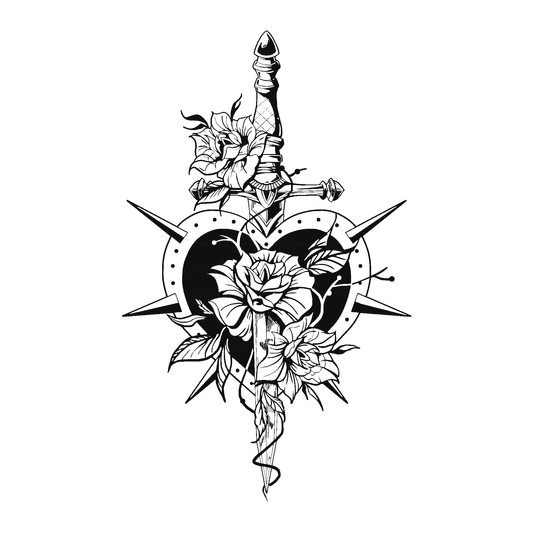 SteezyInk Heart of Roses temporary tattoo: Dagger piercing a heart, roses, thorns, black ink design.