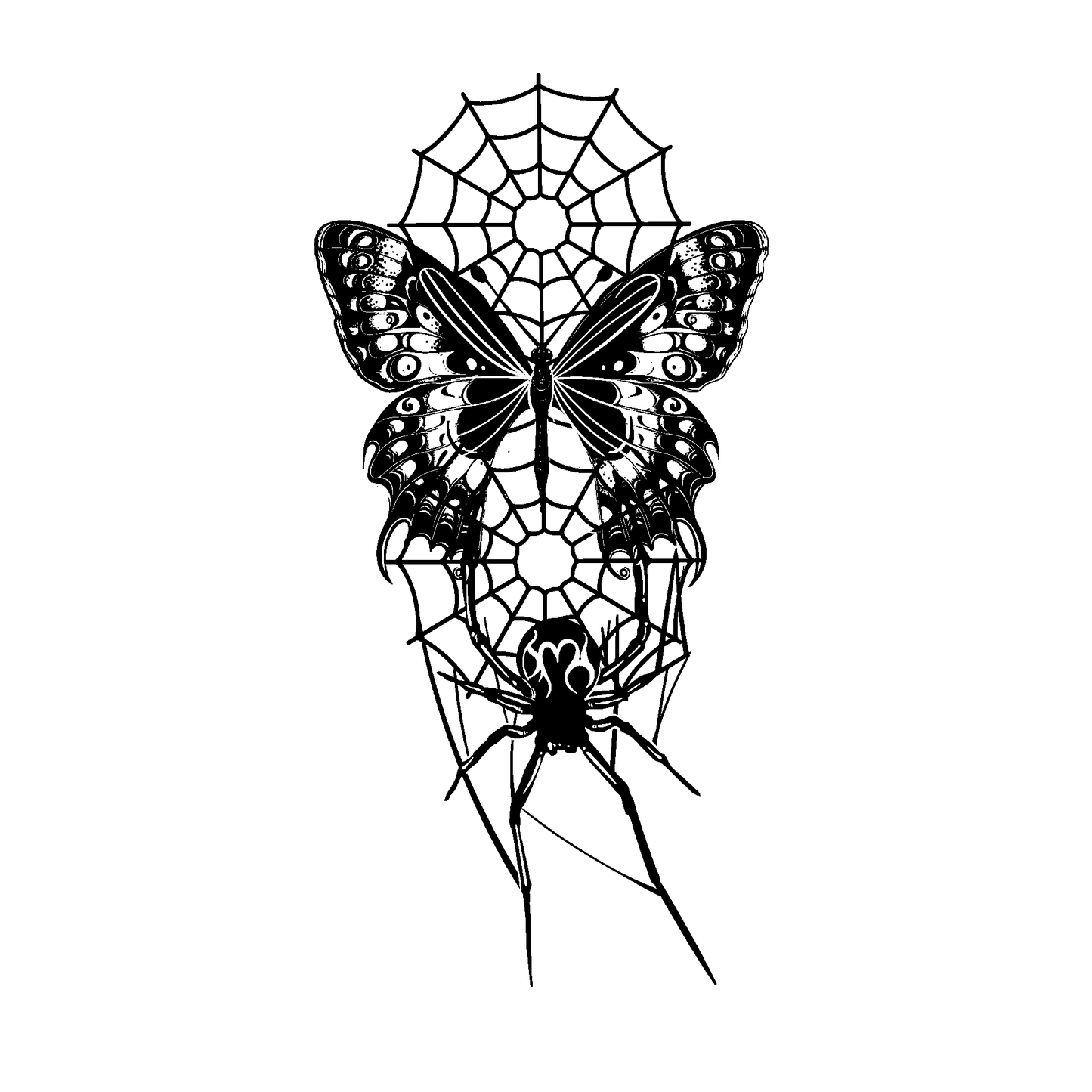 SteezyInk Spider's Dream Temporary Tattoo design featuring a butterfly, spiderweb, and spider.