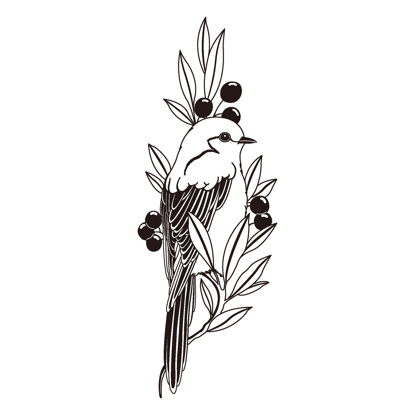 SteezyInk Bird and Berries temporary tattoo design. Bird on branch, berries and leaves, monochromatic lines.