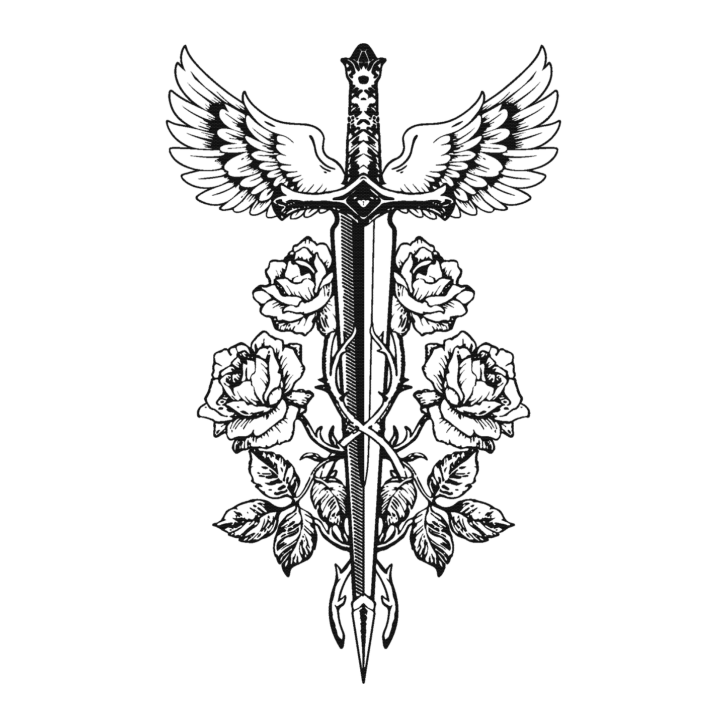 Blade and Bloom temporary tattoo design. Sword with wings and roses. SteezyInk semi-permanent body art.