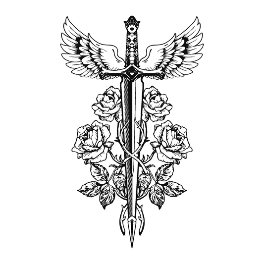 Blade and Bloom temporary tattoo design. Sword with wings and roses. SteezyInk semi-permanent body art.