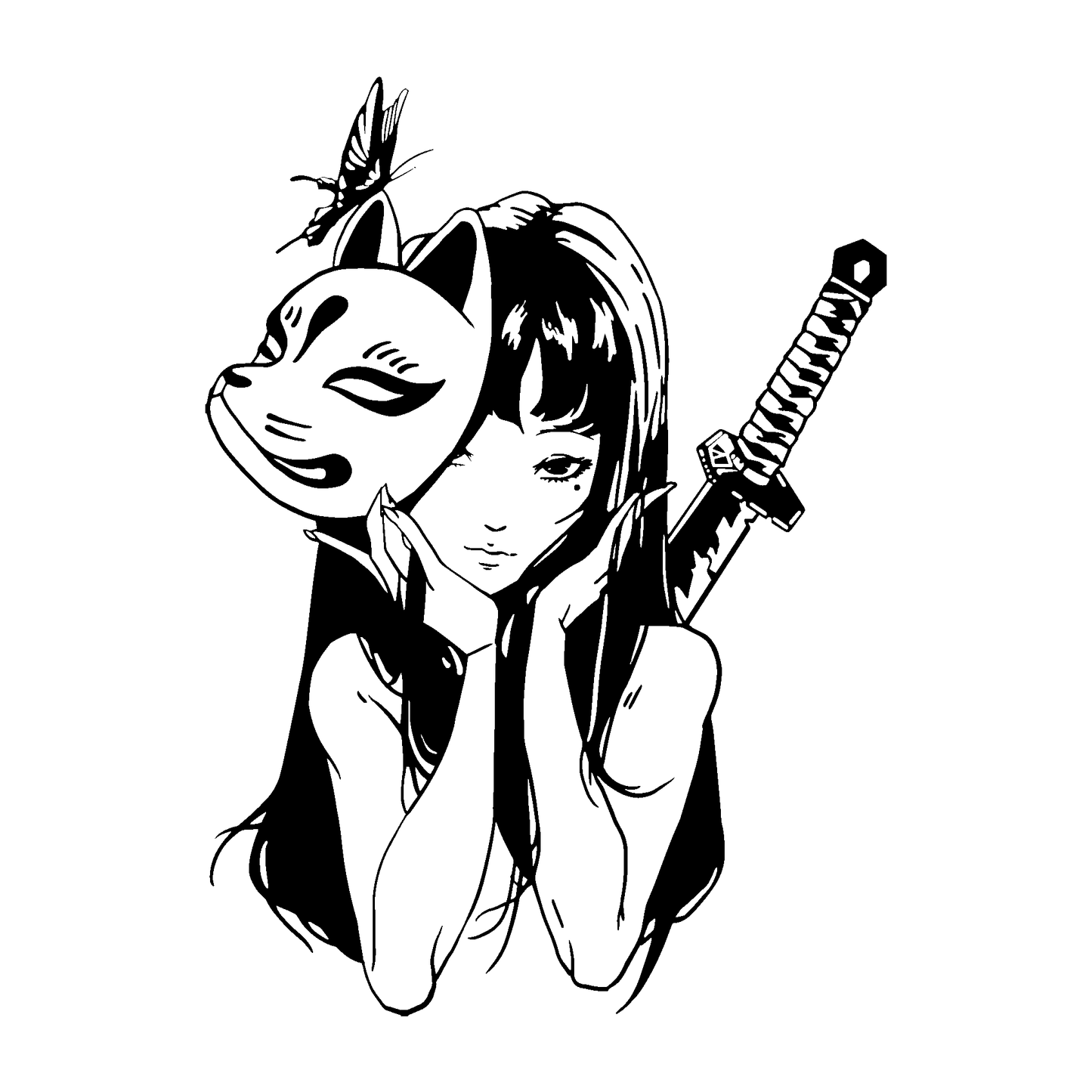 Japanese Fox Girl Temporary Tattoo design featuring a fox mask, katana, and butterfly. Express yourself with SteezyInk!