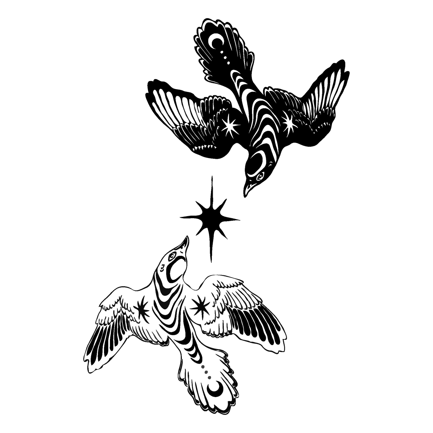 SteezyInk Balanced Flight tattoo: Birds facing star, symbol of balance and harmony. Temporary tattoo.
