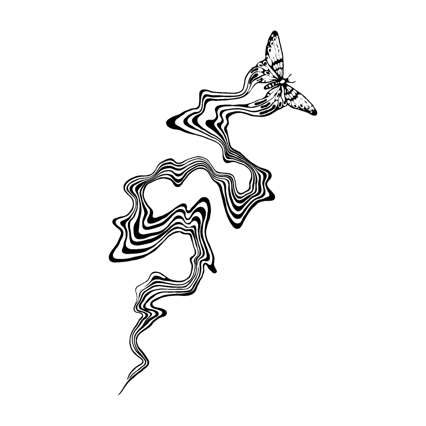 SteezyInk Rippled Flight Temporary Tattoo, black butterfly with flowing lines, temporary tattoo