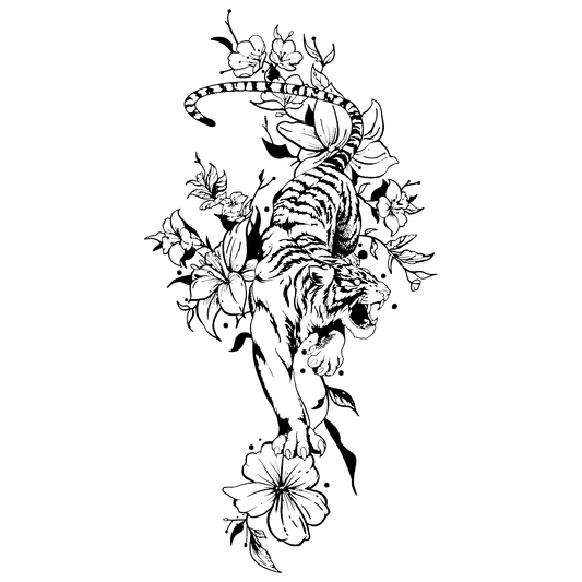SteezyInk Floral Tiger Temporary Tattoo - Black and White, Floral Design