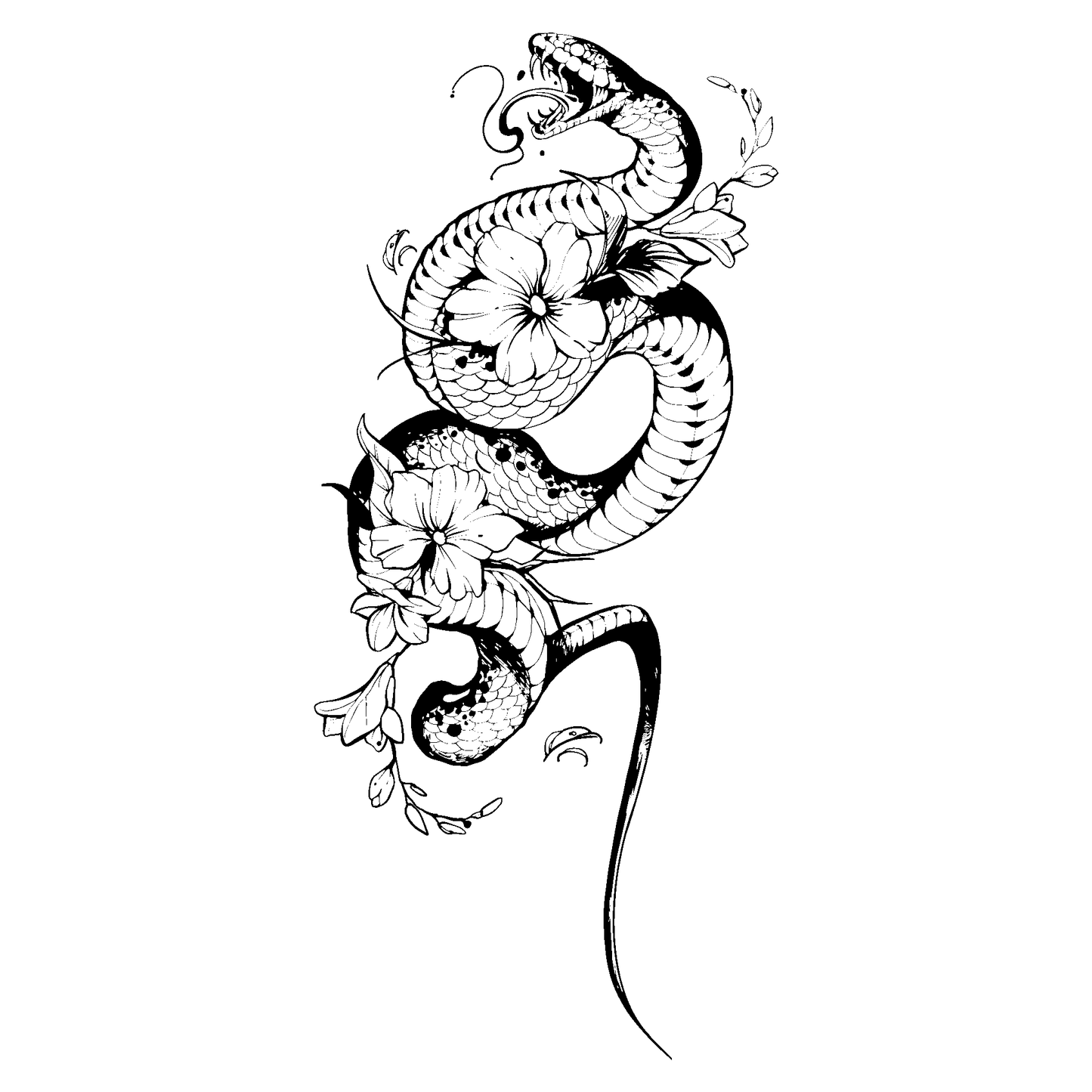 SteezyInk Snake Blossom Temporary Tattoo: Black and white design of snake and flowers.
