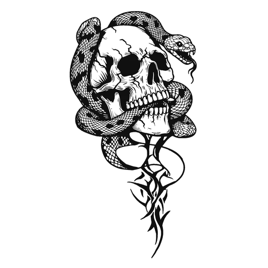 SteezyInk Skull and Snake Sigil Temporary Tattoo, 4x7 inch. Tattoo with black and white, snake coiled around skull.