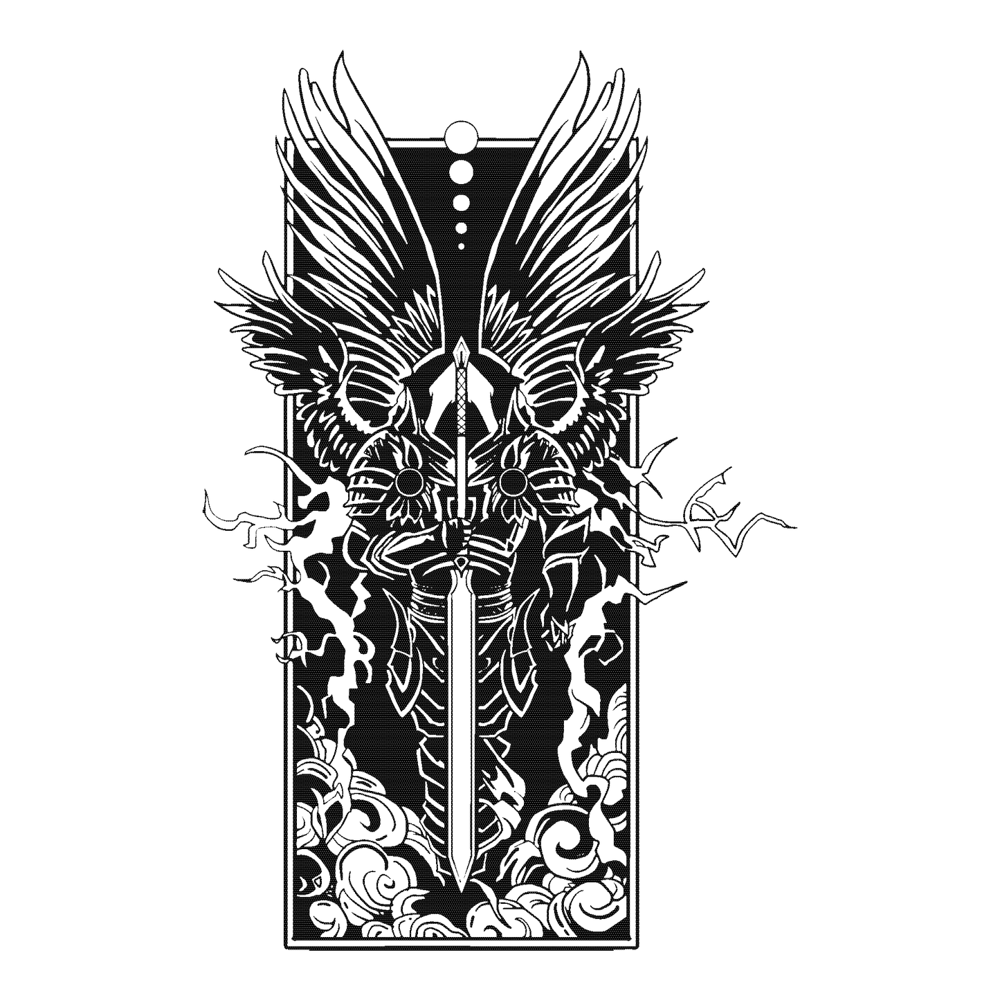 SteezyInk Winged Guardian v2 Temporary Tattoo. Black and white design of winged warrior with sword and smoke.