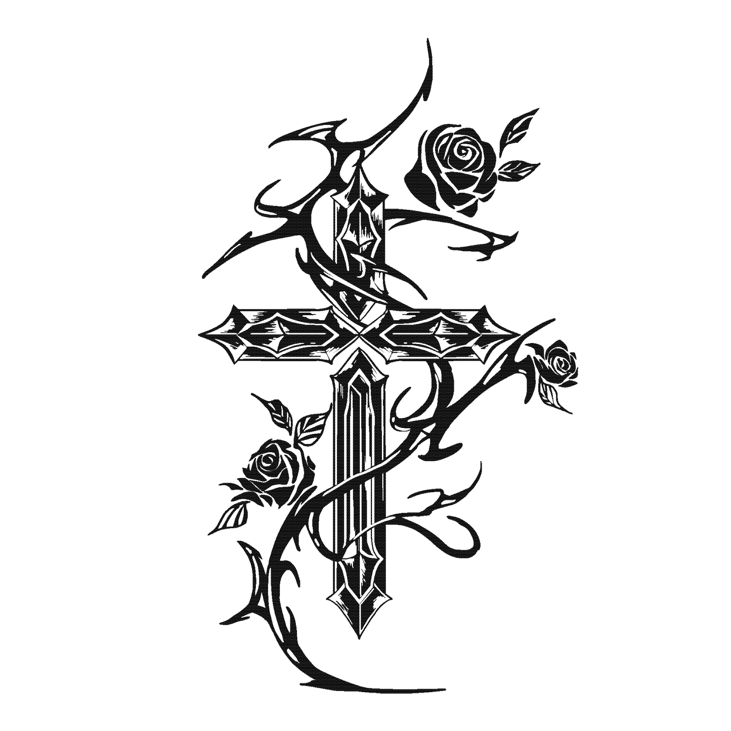 SteezyInk Thorned Faith Temporary Tattoo - Black cross with roses and thorns, symbolizing faith and strength.