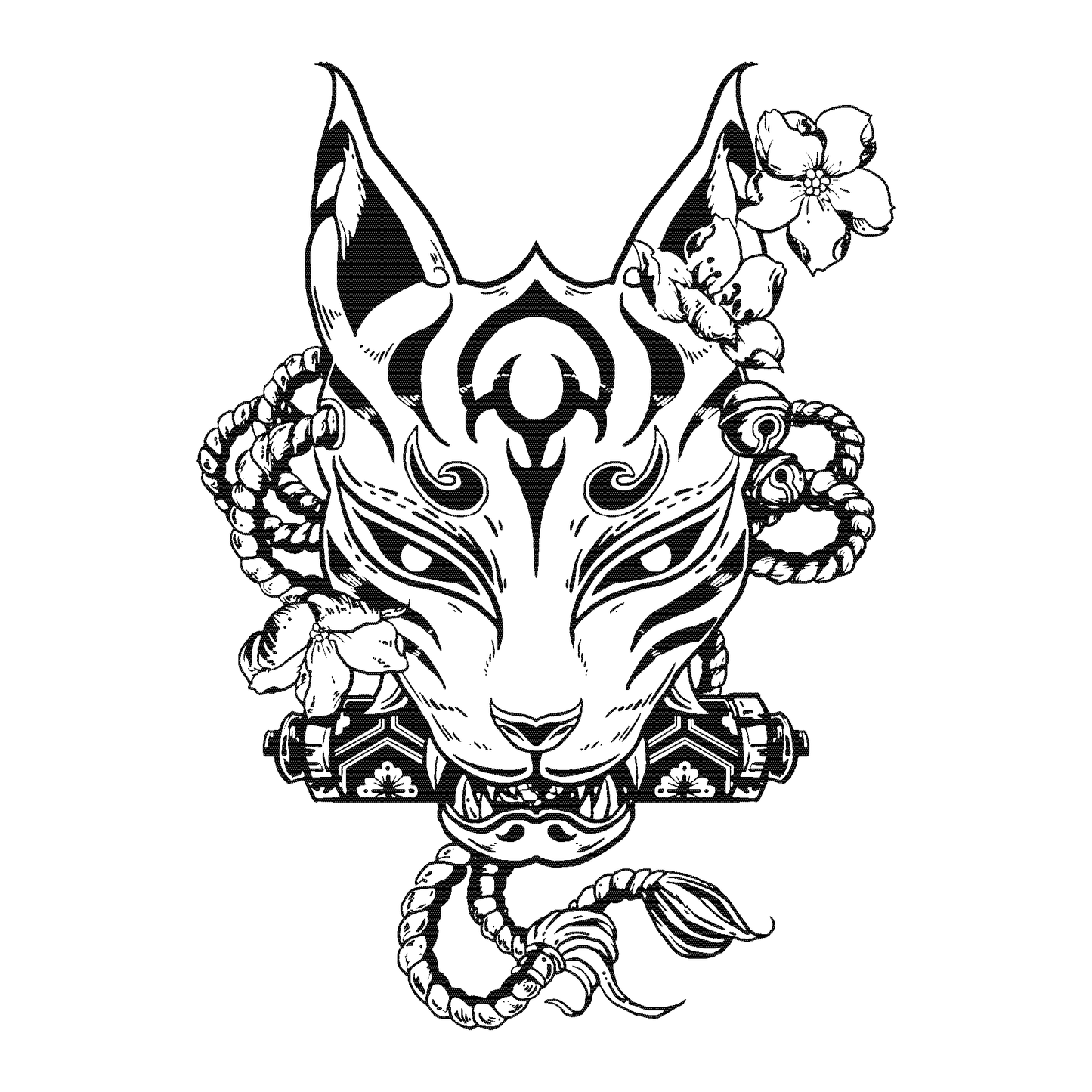 Kitsune mask temporary tattoo design with flowers and rope accents