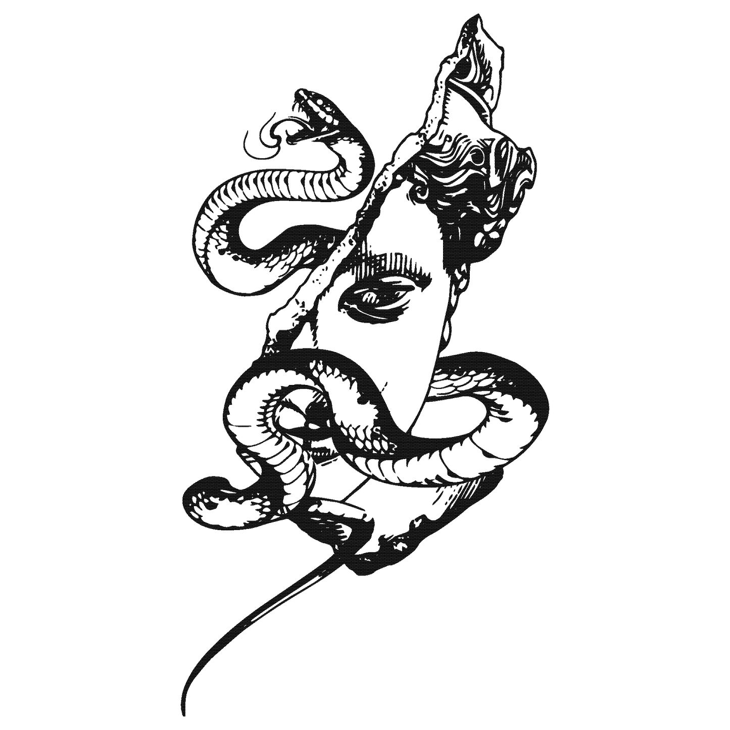 SteezyInk Snake Ruin Tattoo. Black and white snake around classical statue. Ideal for mythology and art fans.