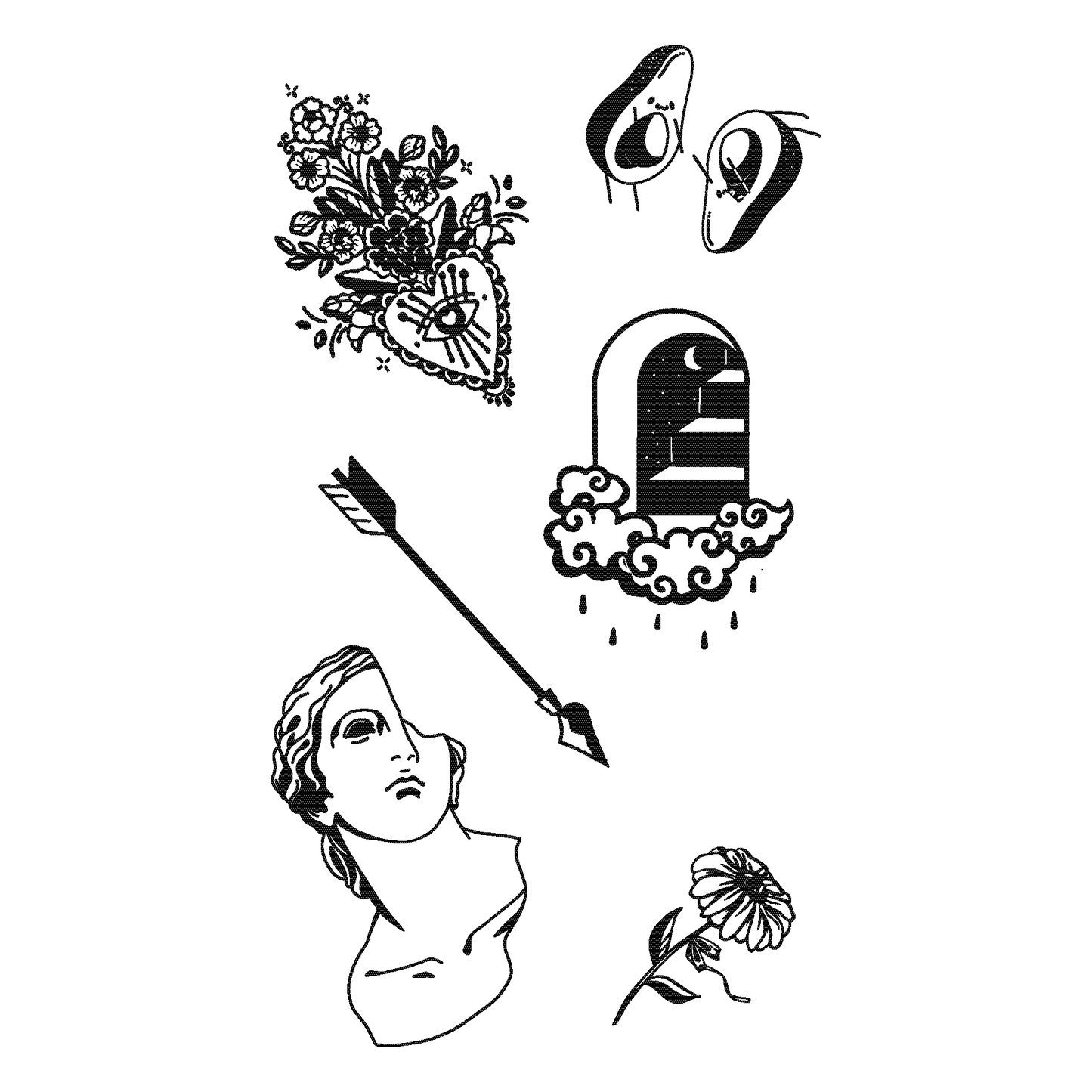 Fragments of Beauty Temporary Tattoo Pack - Black and white illustrations including heart, statue, arrow and flowers