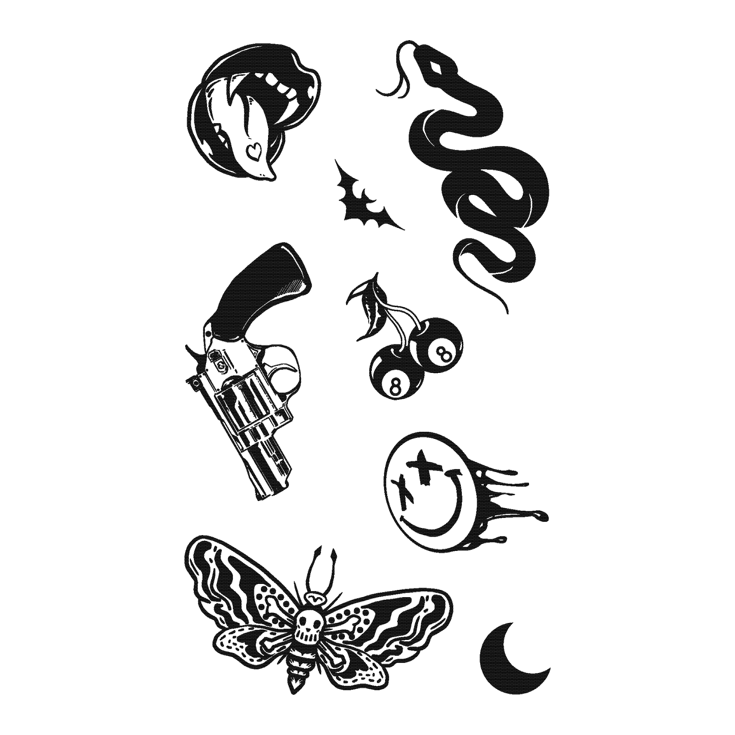 Dark aesthetic temporary tattoo pack featuring snake, fanged lips, revolver, cherries, skull butterfly, and celestial icons