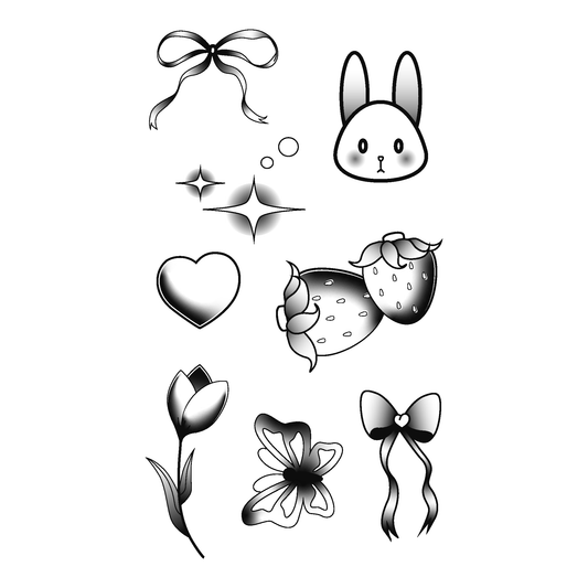 Kawaii temporary tattoos: bunny, strawberries, bows, stars and flowers. Perfect for expressing joy and innocence.