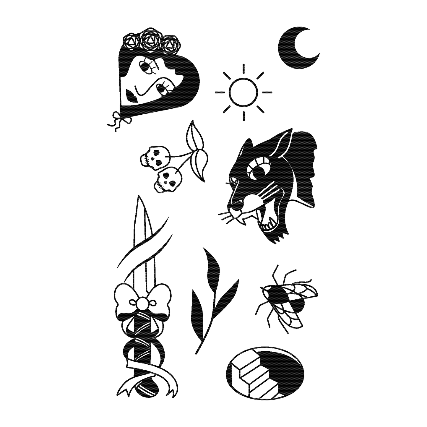 Traditional Classics temporary tattoo pack with dagger, panther, floral skulls, and celestial designs.