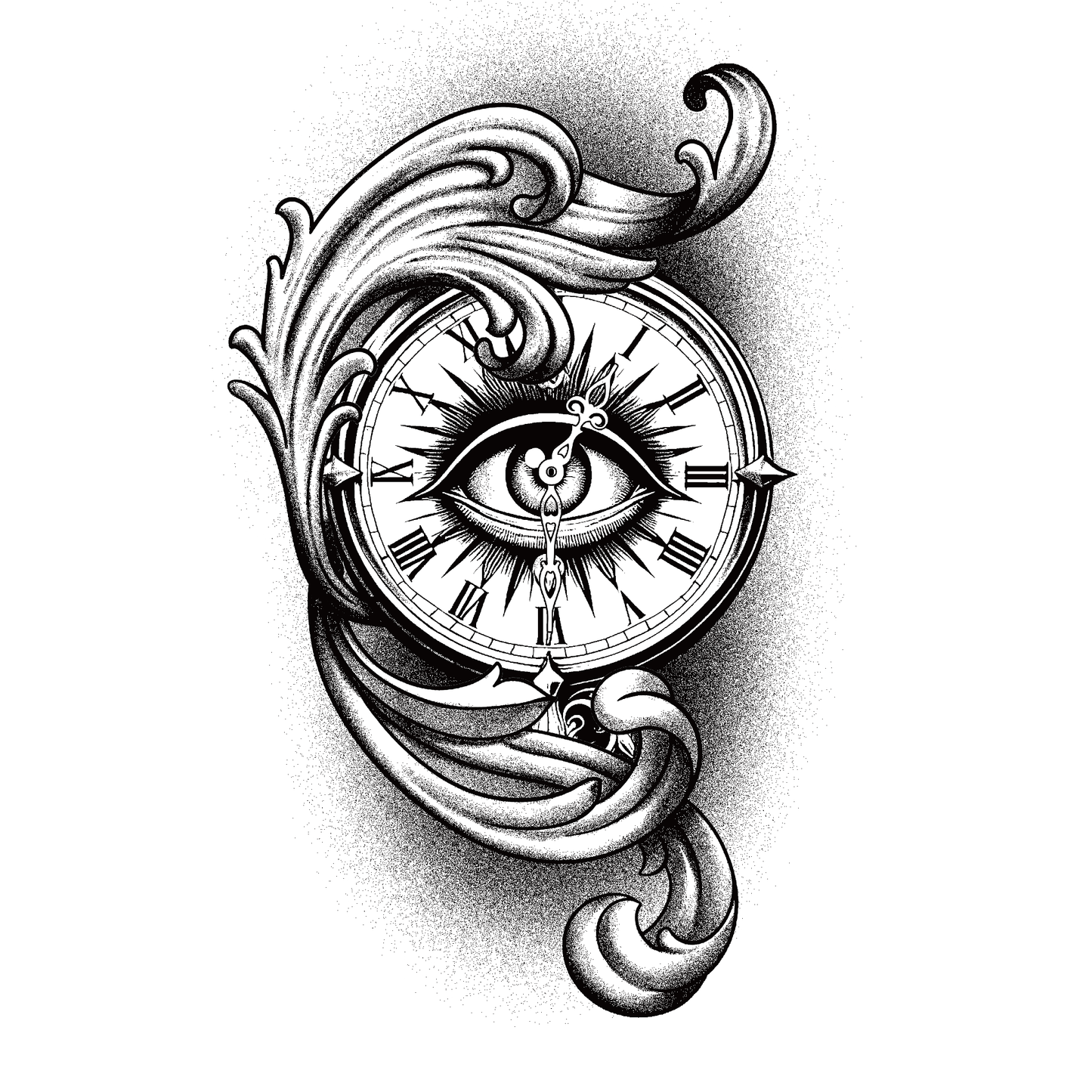 SteezyInk Eternal Watch Temporary Tattoo. Ornate pocket watch with eye, perfect for those drawn to introspection.