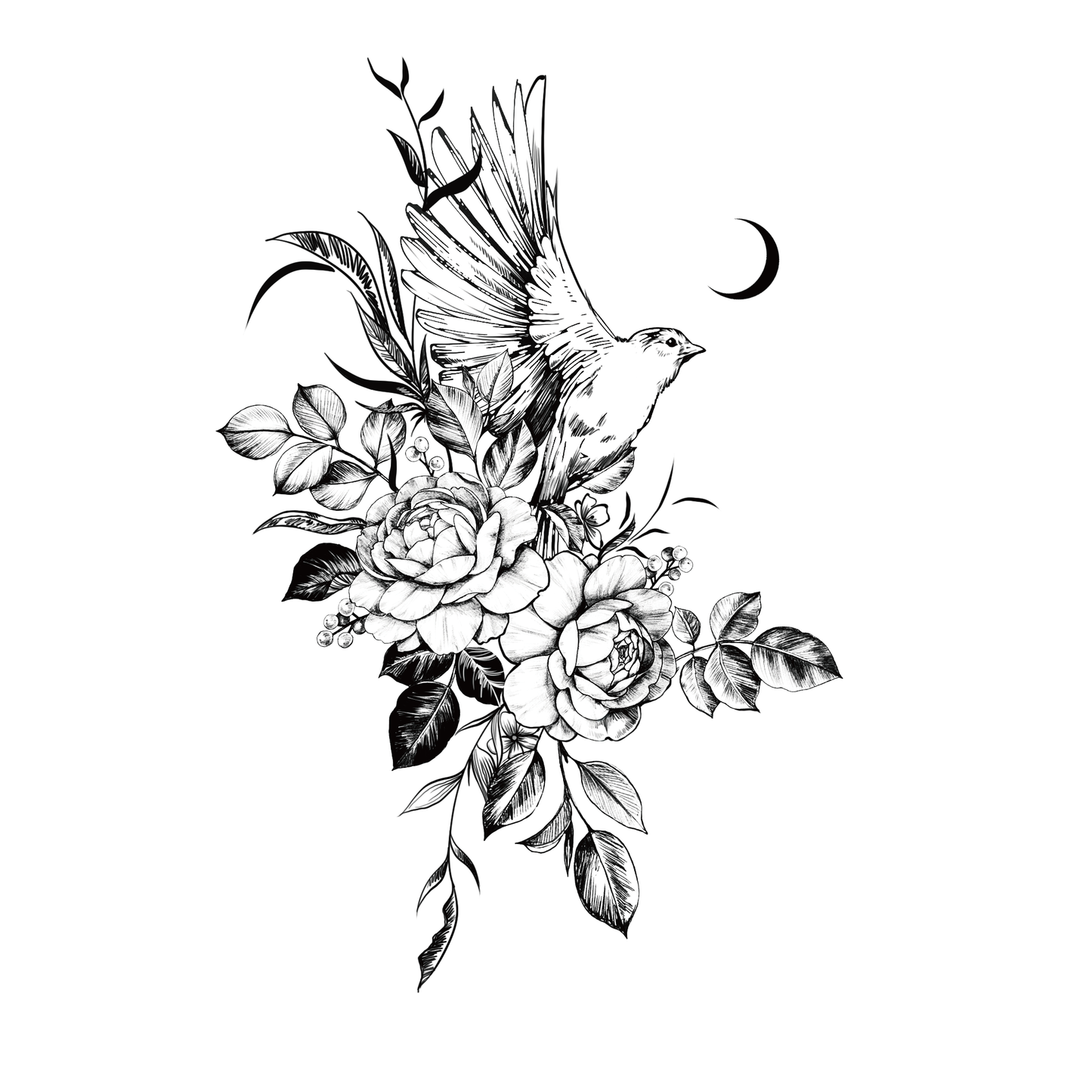 SteezyInk Moonlit Flight Temporary Tattoo - Bird, roses, and moon design, symbolizing freedom and elegance.