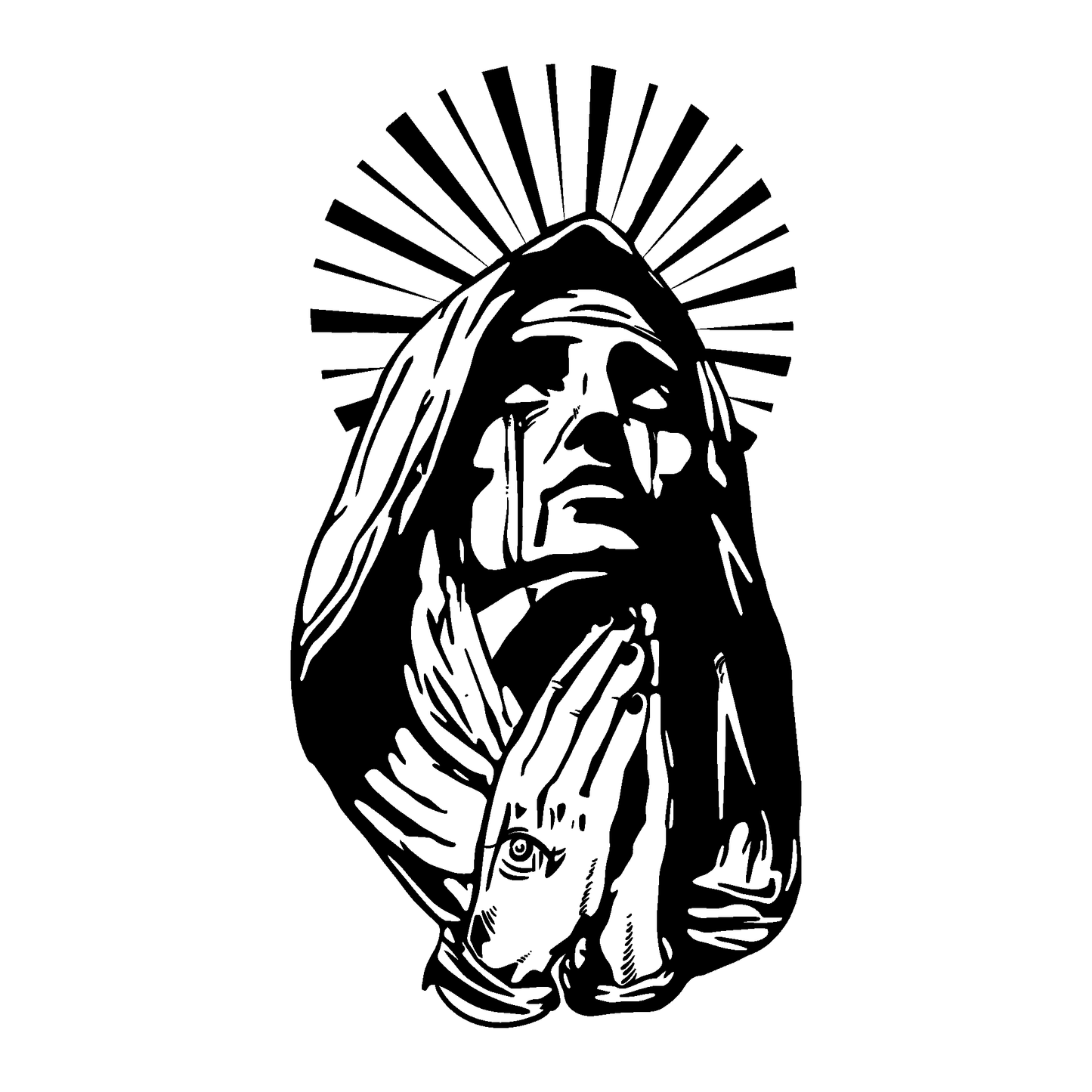 Sacred Tears temporary tattoo. Praying figure with falling tears, a symbol of faith and devotion, designed for body art