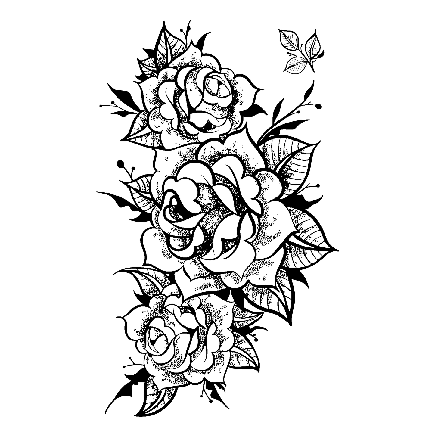 SteezyInk Rose Arrangement Temporary Tattoo, featuring three roses and leaves, black and white design.