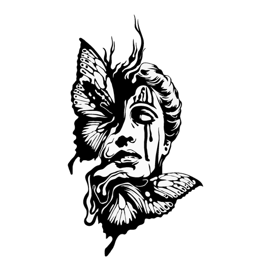 SteezyInk Intertwined Temporary Tattoo: Half-face sculpture with butterfly, artistic design. PureBlack™ Ink.