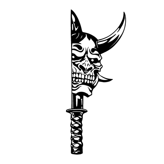 Demon's Edge temporary tattoo. Horned skull blade design for strength and resilience.