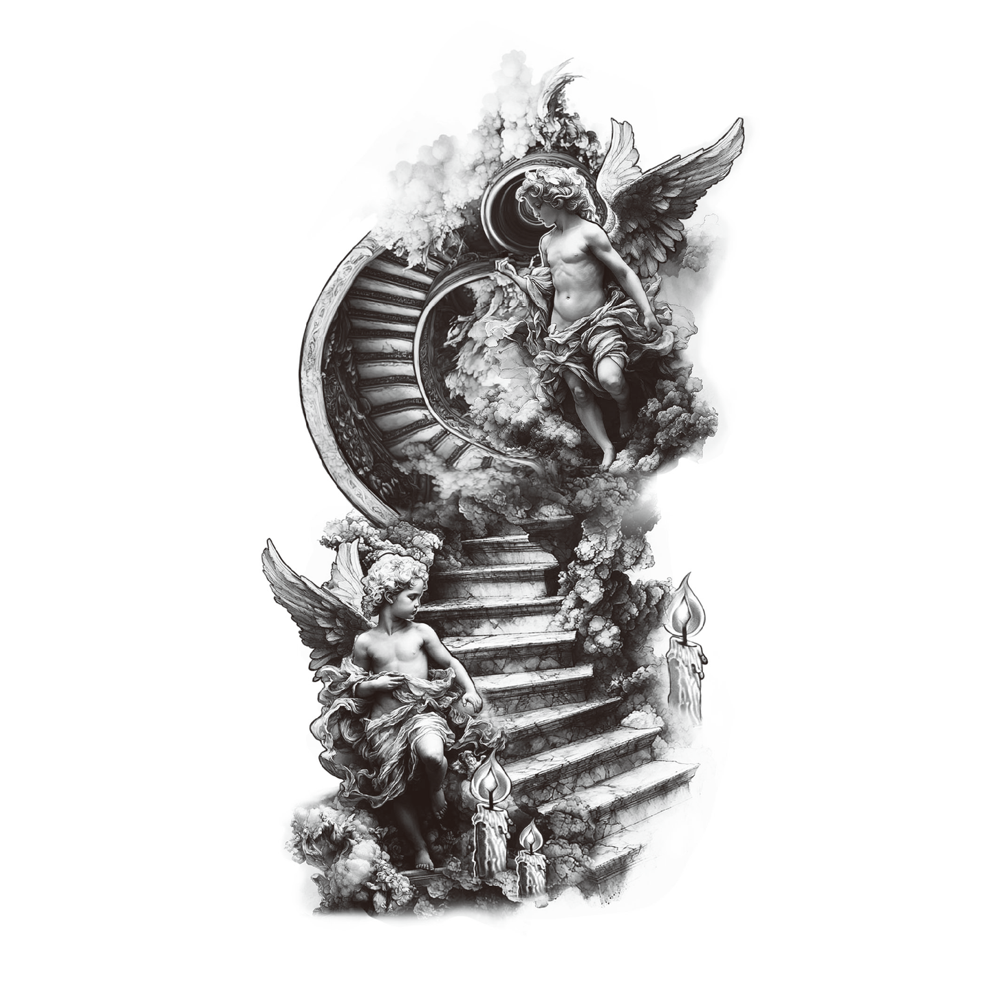SteezyInk Stairway to Heaven Tattoo - Two angels on a staircase, black ink temporary tattoo
