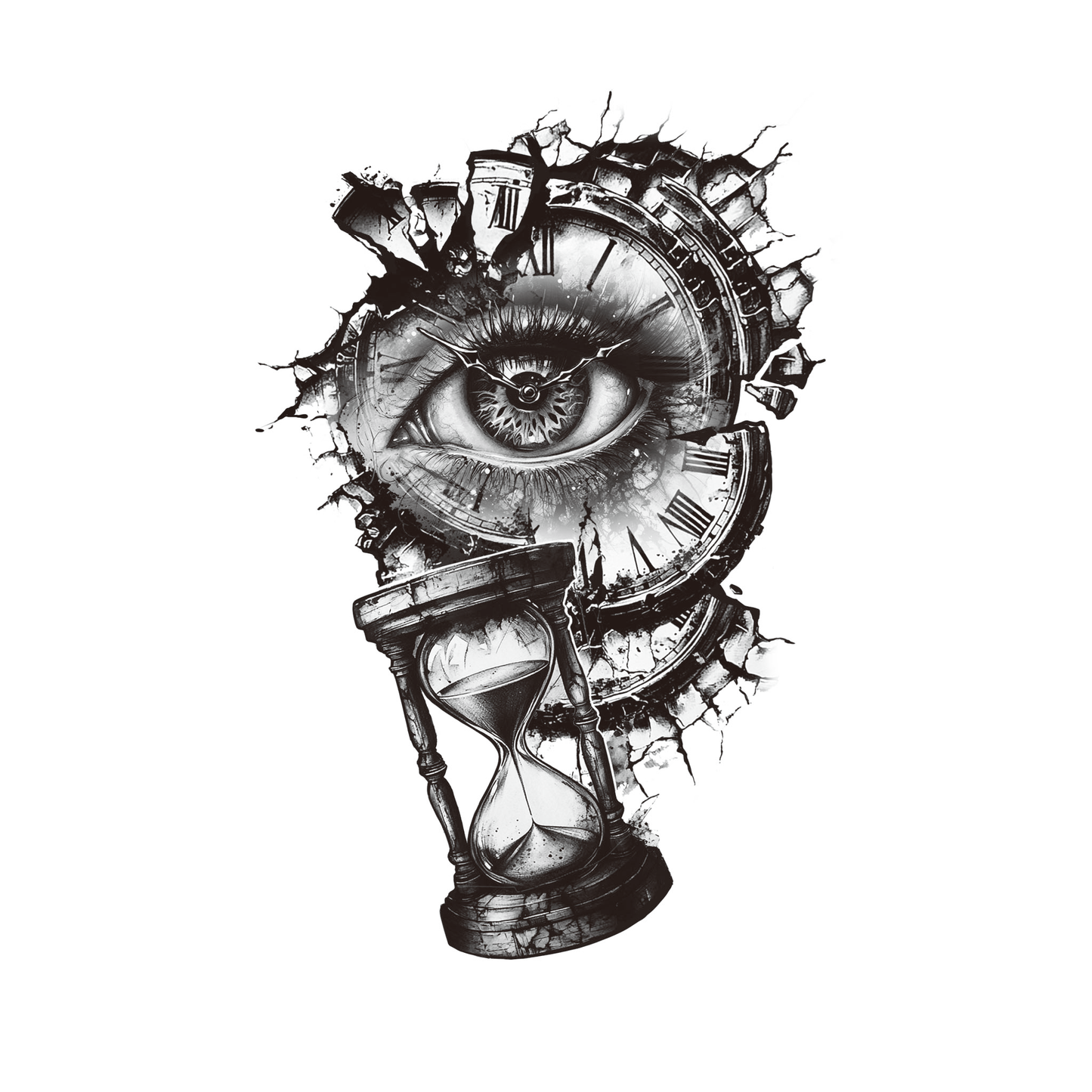 SteezyInk Eye of Time Temporary Tattoo: Eye and clock design for temporary body art, representing time.