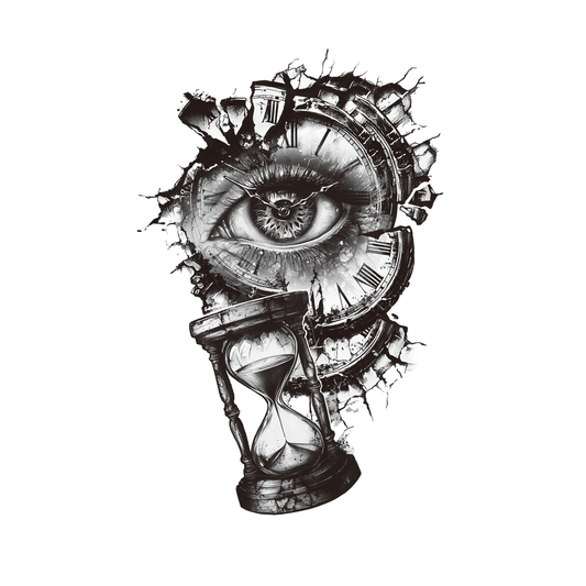 SteezyInk Eye of Time Temporary Tattoo: Eye and clock design for temporary body art, representing time.