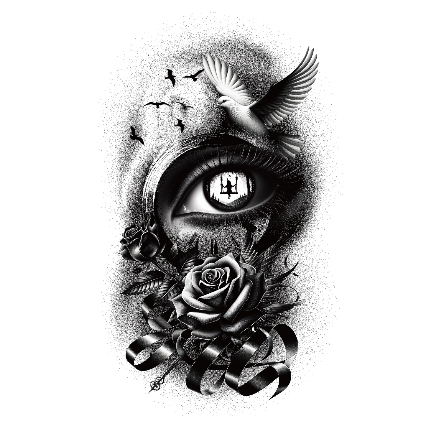 SteezyInk Eye of Hope temporary tattoo, eye design with roses, dove, and ribbons, PureBlack Ink
