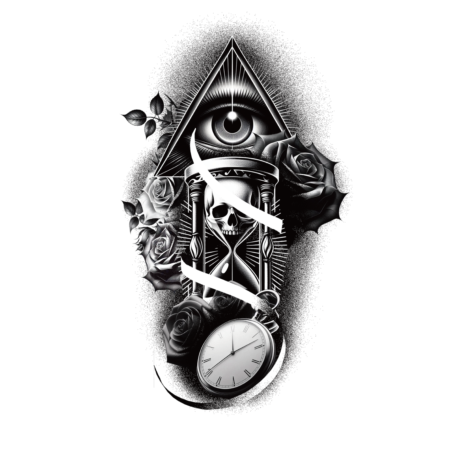 SteezyInk Timeless Watcher temporary tattoo design featuring eye, skull, hourglass, and roses.