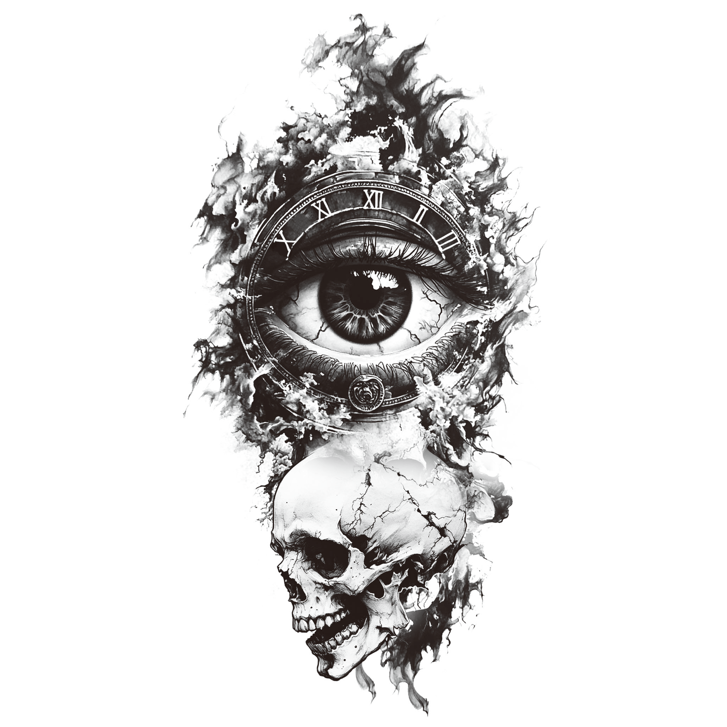 SteezyInk Eye, Time, and Skull Temporary Tattoo. Black and white design for up to two weeks wear.