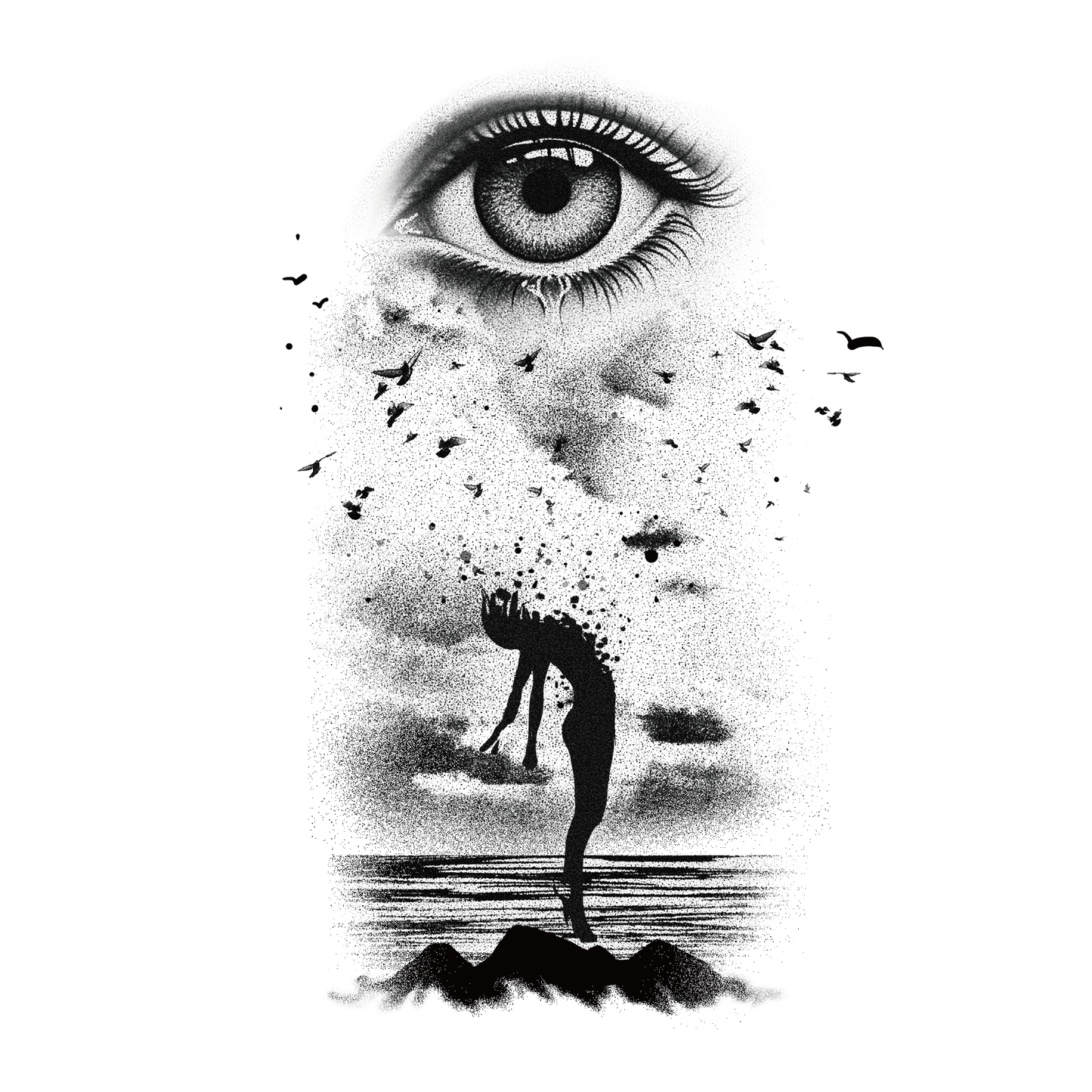 SteezyInk Fading Silhouette Tattoo: Eye, figure, and birds design, temporary tattoo