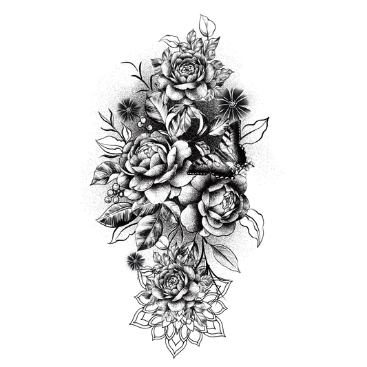 SteezyInk Butterfly Garden Temporary Tattoo: Roses, butterfly, and mandala-inspired design for personal growth