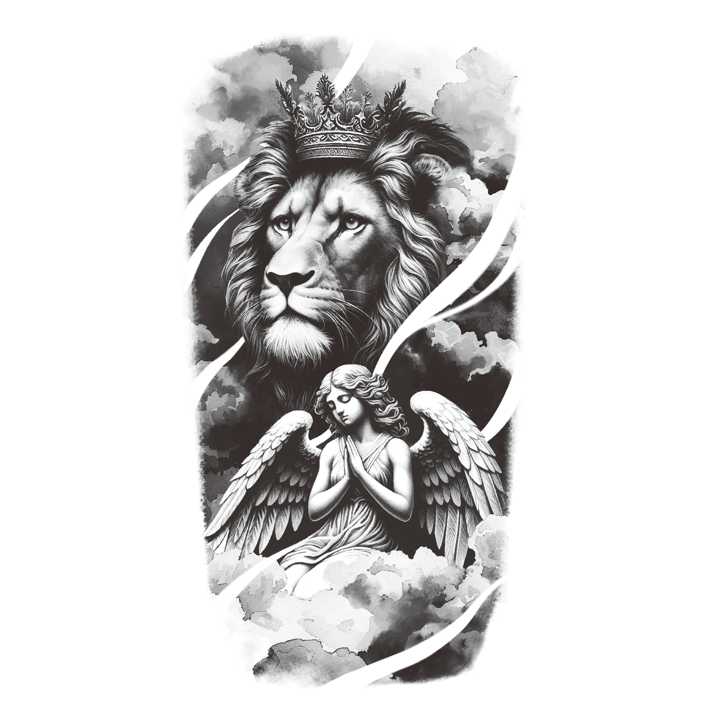 SteezyInk Crowned Lion and Angel Temporary Tattoo - Strength, Protection & Divine Guidance
